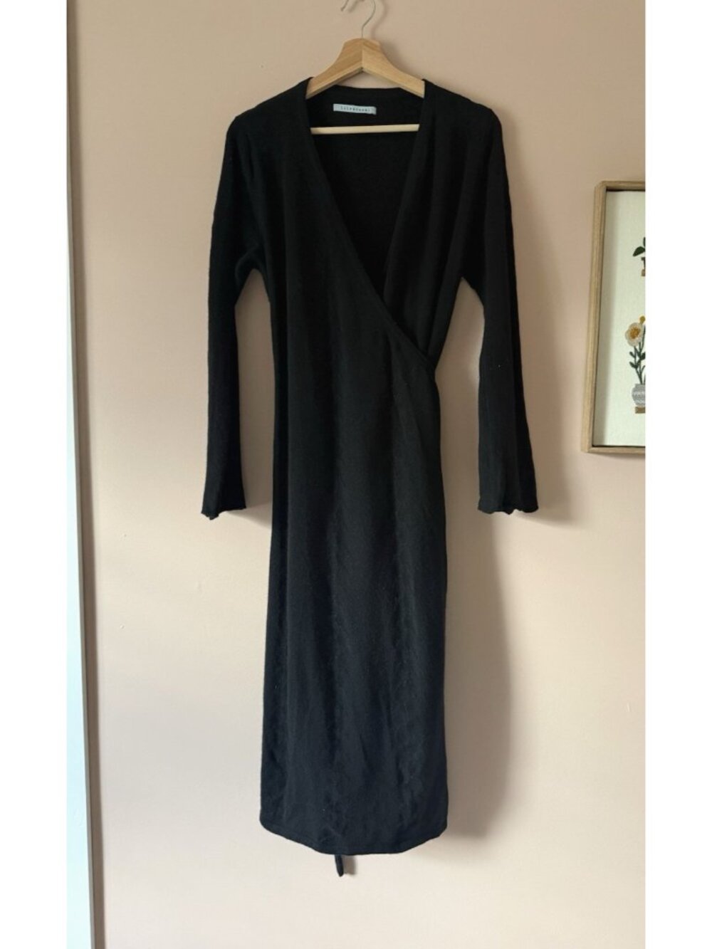 Lily McNeal 100% Cashmere Perforated Knit Surplice Wrap Sweater Midi Dress L
